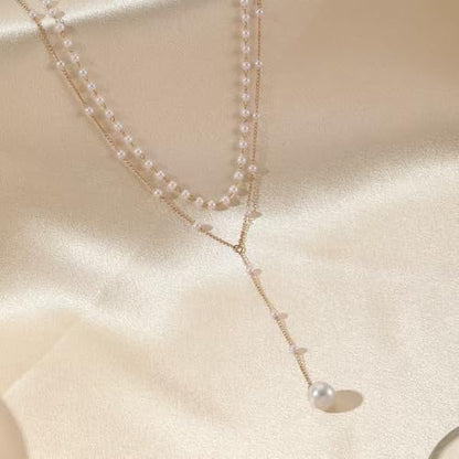 Lasso Necklace for Woman Gold And Pearl Lasso Necklace Exquisite Waterproof Adjustable Y Shaped Sun Necklaces Layered Pearl Lariat Necklaces Jewelry - color: Pearl1