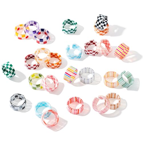 Colorful Resin Rings Set - 26 Pcs Stackable Thumb Knuckle Ring for Women, Checkboard Plaid Strip Patterns, Non Tarnish Dainty Jewelry Gift, Joint Finger Midi Trendy Statement Comfort Fit