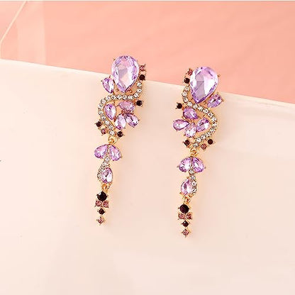 Fashion Rhinestone Statement Drop Dangle Earrings Long Colorful Crystal Bridal Wedding Teardrop Chandelier Earrings for Women Prom Pageant - color: Purple