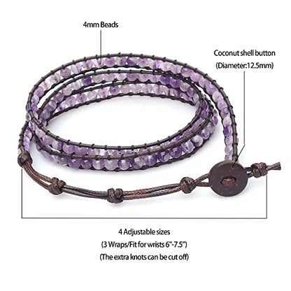 Genuine Stone Wrap Bracelets for Women Natural Crystal Beaded Wrap Bracelet 2/3/5 Adjustable Bohemian Bracelets Jewelry Gifts for Women Mom - color: amethyst(3 wraps)