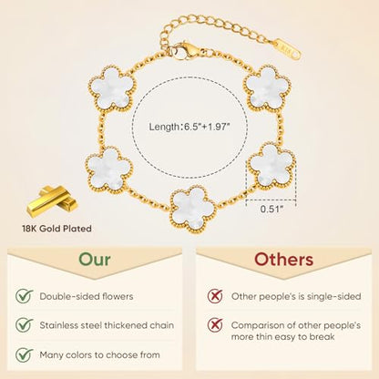 Women Gold Bracelets Jewelry Set - 3Pcs 18K Gold Plated Floral Bracelet,Stainless Steel Charm Bracelet Non-Tarnish,Adjustable Lucky Chain Trendy Gift,Christmas Valentines Birthday Gifts for Girlfriend - style: White
