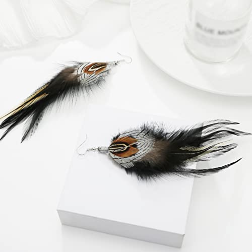 Bohemian Pheasant Peacock Long Feathers Statement Earrings Handmade Natural Lightweight Feather Dangle Earrings for Women (ea000071) - color: Silver Pheasant Black