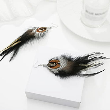 Bohemian Pheasant Peacock Long Feathers Statement Earrings Handmade Natural Lightweight Feather Dangle Earrings for Women (ea000071) - color: Silver Pheasant Black