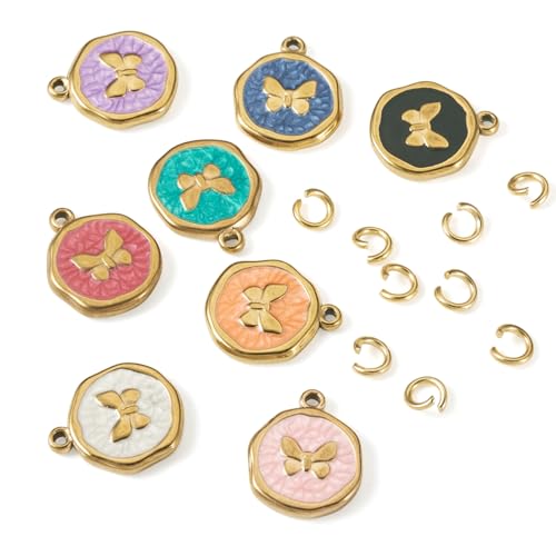 8Pcs Cute Butterfly Enamel Charms Stainless Steel Pendant Mixed Color Flat Round with Butterfly Dangle Charm Golden for DIY Necklace Earring Keychain Jewelry Making - color: Butterfly