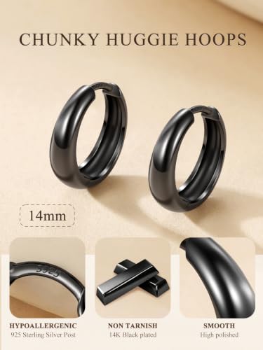 Bestyle Gold Huggies Earrings for Women Hypoallergenic 925 Sterling Silver Post Huggie Hoop Earrings Thick Lightweight Small Hoop Earrings 8/10/12/14mm - color: Black, size: 14mm