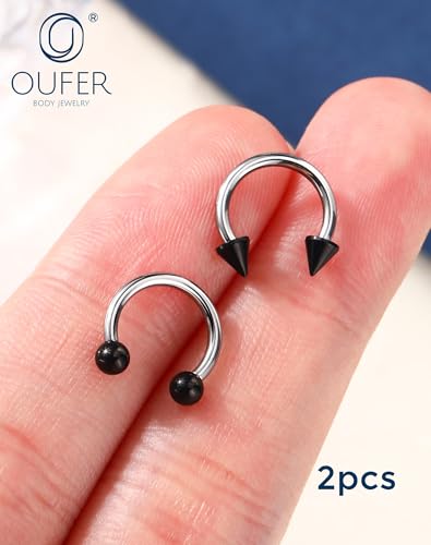 OUFER Horseshoe Septum Rings 16G, Internally Threaded Septum Piercing jewelry, G23 Titanium Pink Septum Piercing kit, Lip Helix Conch Cartilage Piercing Jewelry For Women Men - color: Black