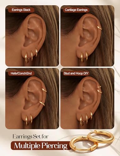 Tungary Small Gold Hoop Earrings for Women Huggie CZ Hoops Earring Stacks | Hypoallergenic Earing Hoops for Sensitive Ears, Earrings Stack Set for Cartilage, Secure Clasp, Silver/Black/14K Gold Plated - color: 14K Gold-Plain Huggies