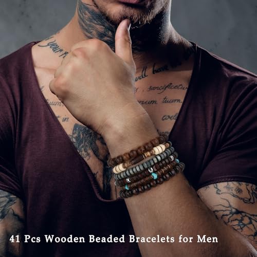 Giovanchi 41/44 PCS Wooden Beaded Bracelets for Men Larger Size Adjustable Punk Braided Wooden Bracelet Bulk Wood Bangles Wristbands Meaningful Jewelry Gift - style: Style B:41 PCS