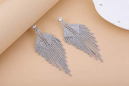 Silver Rhinestone Crystal Bridal Chandelier Long Tassels Dangle Earrings for Wedding - color: A-3