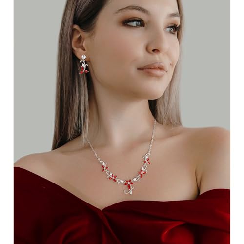 Crysdue Flower Leaf Wedding Jewelry Set for Bridal Bridemaid, Cubic Zirconia Teardrop Elegant Silver/14K/Rose Gold Plated Vine Necklace Dangle Earrings for Prom Party - style: A_Red