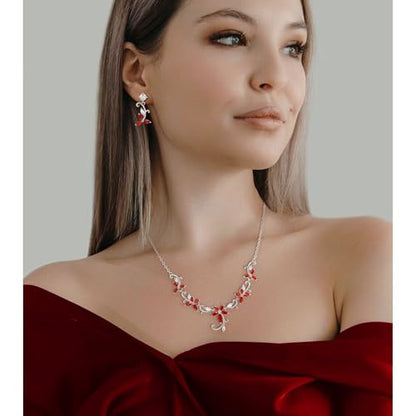 Crysdue Flower Leaf Wedding Jewelry Set for Bridal Bridemaid, Cubic Zirconia Teardrop Elegant Silver/14K/Rose Gold Plated Vine Necklace Dangle Earrings for Prom Party - style: A_Red