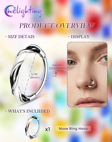 Melighting 20G Twist Nose Ring Hoop Stainless Steel 316L Piercing Jewelry | 7/8 mm Nose Piercing Jewelry, Cute Hinged Segment Clicker Lobe Helix Daith Cartilage Earring for Women - color: Steel WB, size: 20g8mm