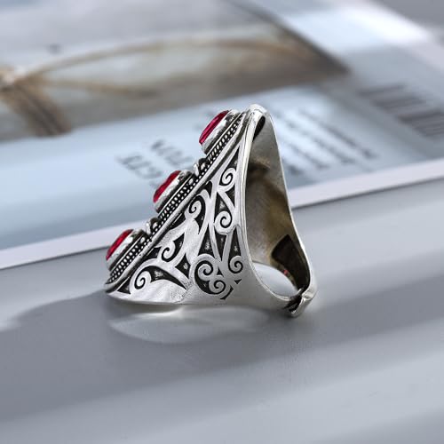 Vintage Silver Engraved Statement Big Ring for Women Men Antique 3 Stone Ruby Diamond Cut Oval Gemstone Cocktail Court Ring Art Deco Boho Open Wide Band Cocktail Anniversary Ring