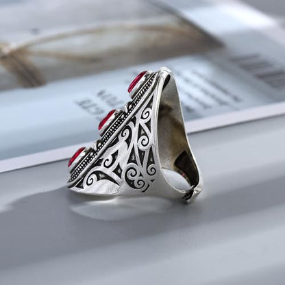 Vintage Silver Engraved Statement Big Ring for Women Men Antique 3 Stone Ruby Diamond Cut Oval Gemstone Cocktail Court Ring Art Deco Boho Open Wide Band Cocktail Anniversary Ring