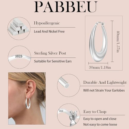 PABBEU Chunky Silver Hoops Earrings for Women Hypoallergenic | Lightweight 925 Sterling Silver Oval Hoop Earring, Sterling Silver Thick Hoop Earrings for Women Gift 25/28/30/38/40mm - color: 40mm Silver