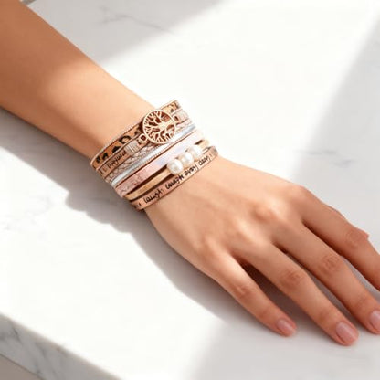 Leather Wrap Bracelets for Women, Boho Leopard Multi-Layer Crystal Beads Cuff Jewelry - color: J-Warp-004