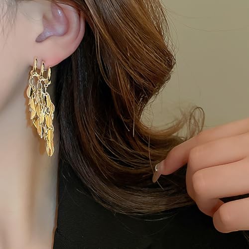 Long Dangle Earrings For Women, Fringe Chandelier Earrings Punk Metal Chain Earrings Hypoallergenic Lightweight Tassel Drop Earrings - color: H-Gold