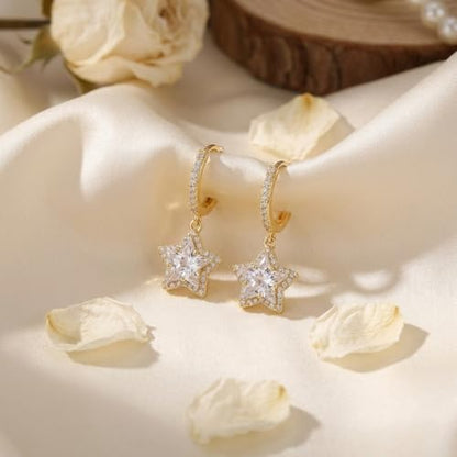 Sonateomber Christmas Tree Dangle Small Gold Hoop Earrings for Women, Cute Sparkly CZ Rhinestone Maple Clover Leaf Drop Earings Thanksgiving Holiday Accessories Fashion Jewelry Gift - color: Gold Star