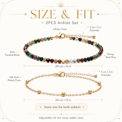 2Pcs Beaded Anklets for Women, Natural Stone Bead Ankle Bracelets with 14K Gold Plated Chain, Waterproof Adjustable Layered Anklet Set, Boho Beach Summer Jewelry Gift - color: Indian Agate