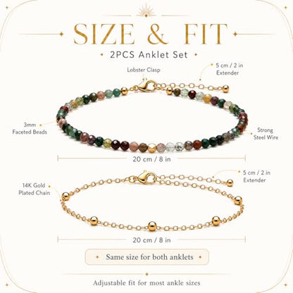 2Pcs Beaded Anklets for Women, Natural Stone Bead Ankle Bracelets with 14K Gold Plated Chain, Waterproof Adjustable Layered Anklet Set, Boho Beach Summer Jewelry Gift - color: Indian Agate