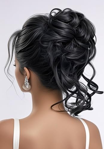 Black Messy Bun Hair Clips with Hair Attached Curly Ponytail Extension Easy Updo Hair Piece for Ladies - color: Natural Black