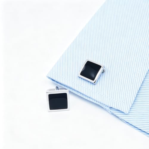 Silver Black Tone Square Men's Cufflinks for French Shirt in Gift Box | Classic Tuxedo Mens Women Cuff Links Set Jewelry for Wedding Party Formal Casual Business Office Dress, Easy to Put on