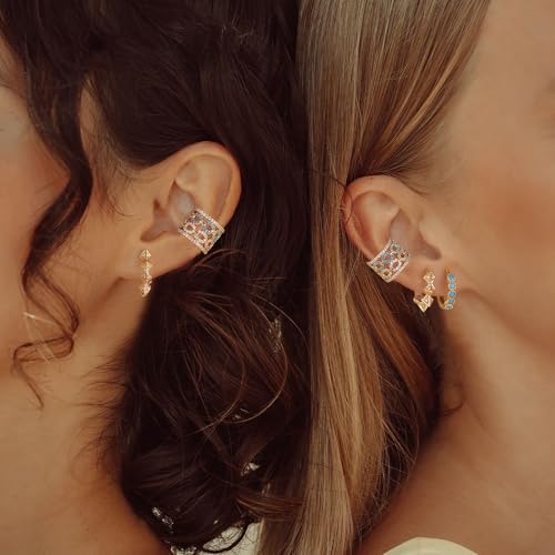 Chunky Ear Cuff Earrings for Women Single | Non Piercing, Clip On, 14K Gold Plated, Cubic Zirconia, Hypoallergenic, Jewelry Gifts - style: Turquoise