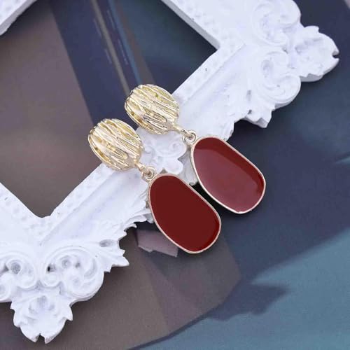 Vintage Oval Enamel Burgundy Earrings Gold Hammered Disc Stud Earrings Enamel Red Drop Earrings Irregular Burgundy Dangle Earrings Red Acrylic Geometric Earrings Jewelry for Women