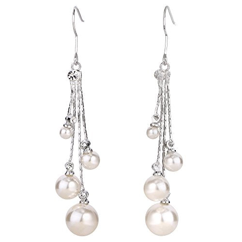 EleQueen Women's Silver-tone Crystal Simulated Pearl 4 Chain Bridal Long Dangle Hook Earrings Ivory Color - color: A-Silver-tone