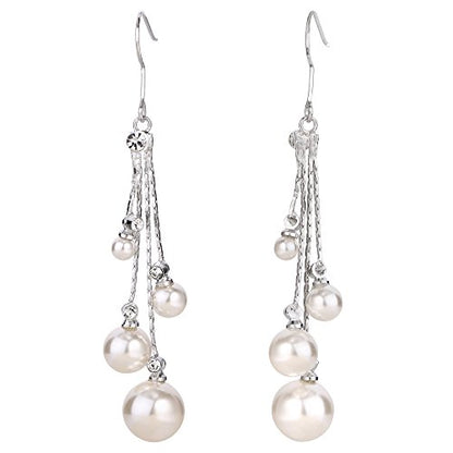 EleQueen Women's Silver-tone Crystal Simulated Pearl 4 Chain Bridal Long Dangle Hook Earrings Ivory Color - color: A-Silver-tone