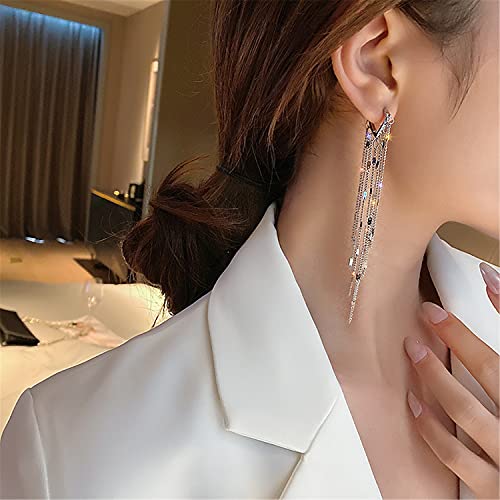 Chic Charm 14k Gold Silver Plated Big Chandelier Tassel Long Chain Geometry Huggie Hoop Dangle Drop Earrings for Women Statement Jewelry Gifts - color: Silver