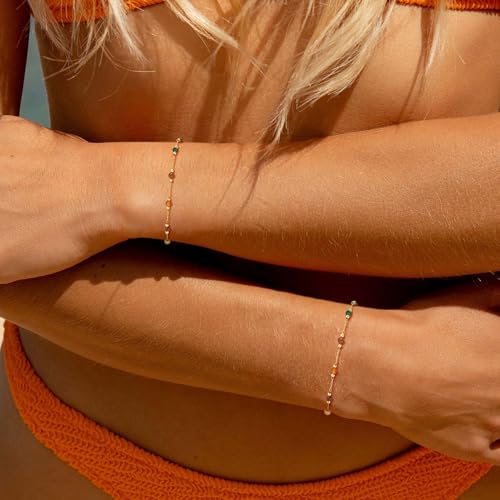 Gold Chain Bracelet for Women, 14K Gold Plated | Dainty Bracelets with Adjustable Chain, Trendy Jewelry Gift for Women - style: mix color beads