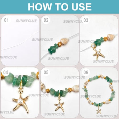 SUNNYCLUE 1 Box 6 Sets Sea Bracelet Making Kit Natural Stone Chip Beads Enamel Starfish Shell with Acrylic Pearl Rose Quartz Stone Chip Bead for Jewelry Making Kit Women Adults Starters Gift - style: Ocean 1