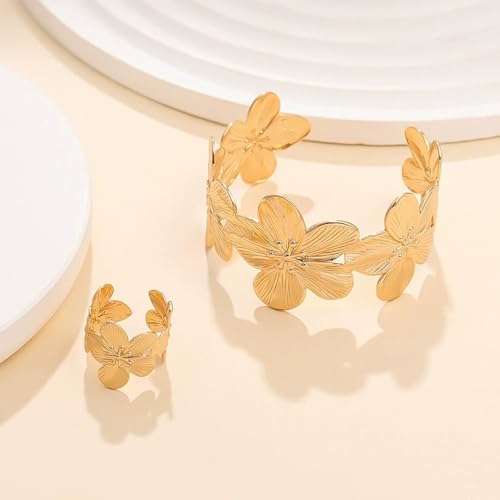 Gold Flower Jewelry Set For Women, 5 Pcs Chunky Golden Floral Pendant Necklace Bracelet Earrings Ring Set Statement Flower Jewelry Gifts For Beach Wedding - color: 5pcs-Gold