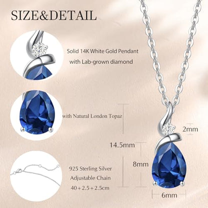 FANCIME 14K Solid White Gold Birthstone Pendant Necklace for Women with Diamond Pear Shaped Teardrop Necklace Birthday Gifts for Mom Women,Sterling Silver Chain 16" + 2" Extender - color: 12-Topaz