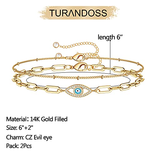 Dainty Gold Bracelets for Women, 14K Gold Plated Adjustable Layered Beads Bracelet Cute Evil Eye Oval Chain Pearl Bar Turtle Gold Bracelets for Women Jewelry - style: Beads Chain&Evil Eye
