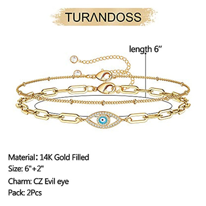 Dainty Gold Bracelets for Women, 14K Gold Plated Adjustable Layered Beads Bracelet Cute Evil Eye Oval Chain Pearl Bar Turtle Gold Bracelets for Women Jewelry - style: Beads Chain&Evil Eye
