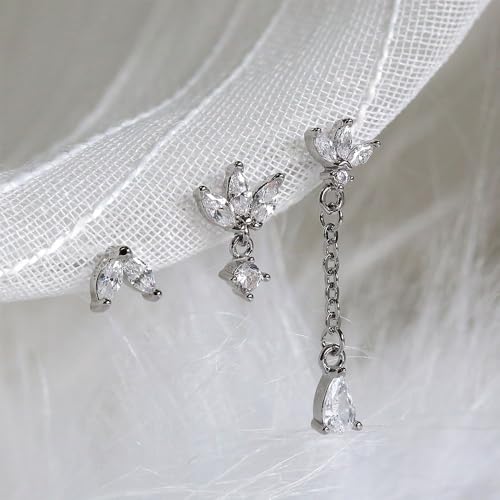 Sterling Silver Earrings Stacks for Women, Hypoallergenic Cartilage Earring | Dainty Stud Huggie Hoop Dangle Chain Earrings, 14K Gold/White Gold Plated - color: 3Pairs-Dangle CZ Set-Silver