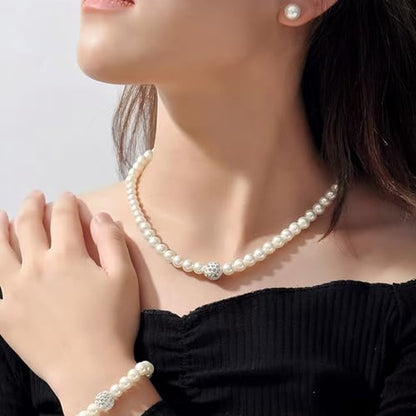 Pearl Bride Wedding Jewelry Set Faux Pearls Necklace Earrings Bracelet Sets for Women Bridesmaid Wedding(3 PCS) (White-Round)