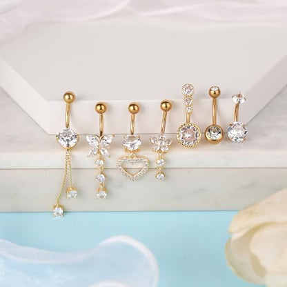 7 Pcs Gold Belly Button Ring Dangle for Women Hypoallergenic Surgical Stainless Steel Dangling Belly Rings Butterfly Heart CZ Cute Long Belly Button Piercing Dangly Navel Piercings Pack Belly Piercing Jewelry - color: gold