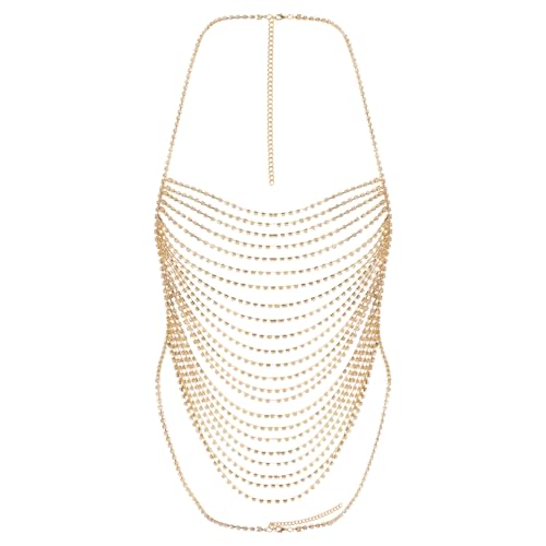 Multi-Layer Body Chain Necklace Rhinestone Chain Halter Top Body Jewelry Sexy Tassel Chest Chain Rave Nightclub Accessory - color: Gold