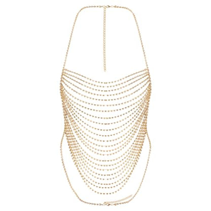 Multi-Layer Body Chain Necklace Rhinestone Chain Halter Top Body Jewelry Sexy Tassel Chest Chain Rave Nightclub Accessory - color: Gold