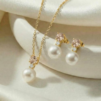 Mariell Pearl Wedding Necklace Earrings Set with CZ Crystal, Jewelry for Brides, Bridesmaid, Mother's Day - color: Gold-Champagne Cubic Zirconia