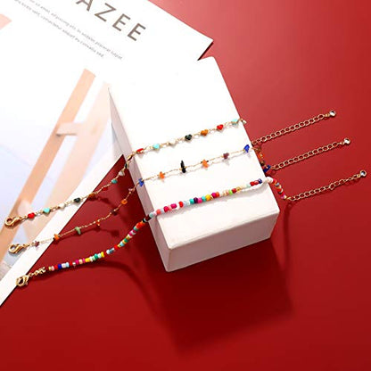 Boho Beaded Ankle Bracelet Beach 18 K Gold Plated Anklet Bracelets Handmade Colorful Seed Beads Butterfly Evil Eye Heart Link Chain Anklet Pack Cute Summer Foot Jewelry for Women - style: beaded ankle bracelet A set