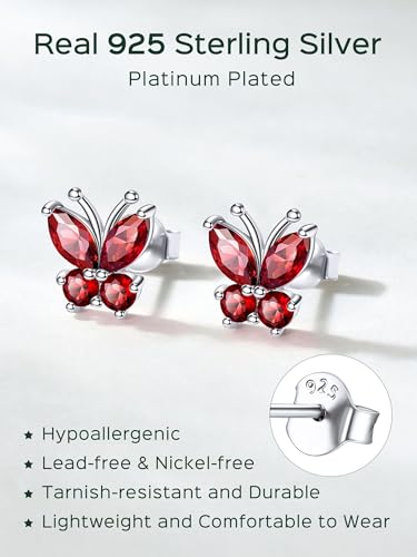 ChicSilver 925 Sterling Silver Bow/Butterfly Earrings for Women Hypoallergenic Birthstone Earrings Dainty Bow/Butterfly Jewelry Gift for Women - color: Butterfly-January-Garnet