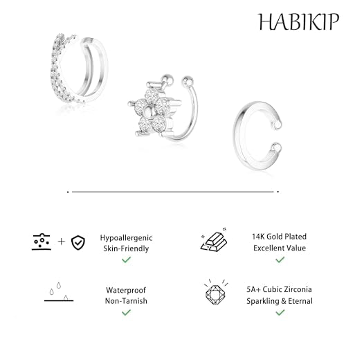 14K Gold Plated Ear Cuff Earrings for Women, Dainty Ear Cuffs Clip on Earrings Non Piercing Trendy Cubic Zirconia Cartilage Hoop Earring Fashion Jewelry Sets for Women - color: Silver 5 Flower