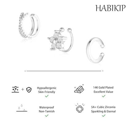 14K Gold Plated Ear Cuff Earrings for Women, Dainty Ear Cuffs Clip on Earrings Non Piercing Trendy Cubic Zirconia Cartilage Hoop Earring Fashion Jewelry Sets for Women - color: Silver 5 Flower