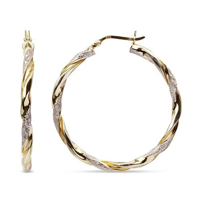 LeCalla Real 925 Sterling Silver Textured Two-Tone Three-Tone 14K Gold Plated Lightweight Italian Design Hoop Earrings for Women Diameter 25,30,40,45,50mm - color: Textured Medium-30mm