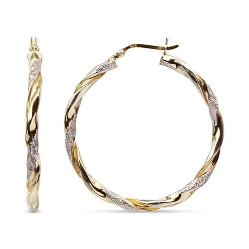 LeCalla Real 925 Sterling Silver Textured Two-Tone Three-Tone 14K Gold Plated Lightweight Italian Design Hoop Earrings for Women Diameter 25,30,40,45,50mm - color: Textured Medium-30mm