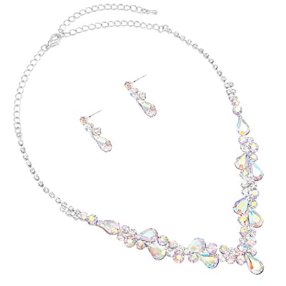 Rosemarie Collections Women's Stunning Rhinestone Crystal Teardrop Statement Necklace Hypoallergenic Drop Earrings Set, 15"+6" Extender - color: AB Crystal Silver Tone